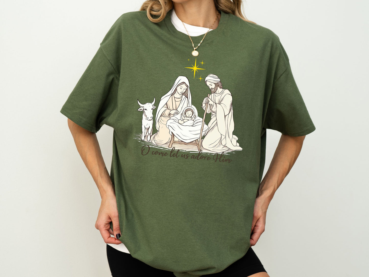 O Come Let Us Adore Him Shirt, Nativity Scene Shirt, Christian Christmas Tee, Faith Based T Shirts, Jesus Birthday Shirt, Christian T Shirts