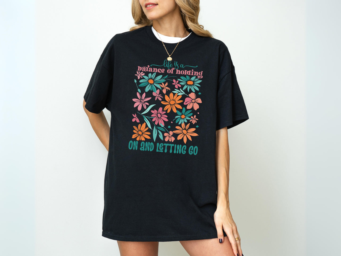 Life is a Balance Floral T-Shirt, Inspirational Gifts for Women, Retro Floral Tee, Floral Gift Bag, Positive Vibes Gifts, Flower T Shirt