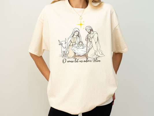 O Come Let Us Adore Him Shirt, Nativity Scene Shirt, Christian Christmas Tee, Faith Based T Shirts, Jesus Birthday Shirt, Christian T Shirts